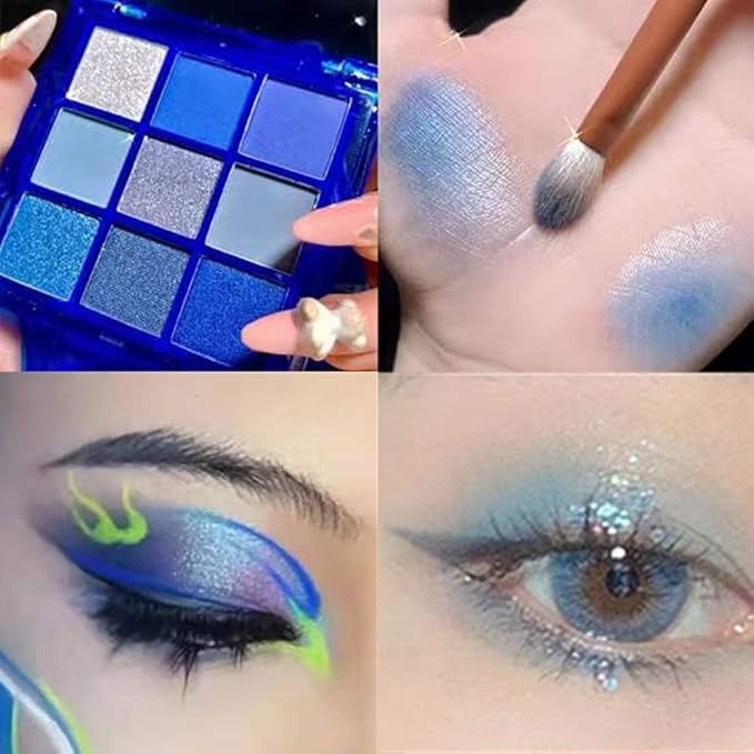Go Ho 9 Style Blue Grey White Powder Makeup Eyeshadow Palette, Matte & Pearl Shimmer Design Waterproof Cool Blue Eye Eyeshadow Palette for Women & Girls
