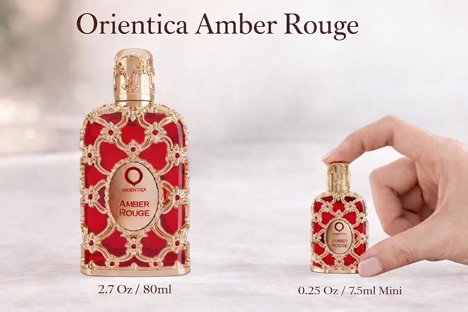 Orientica Luxury Collection Amber Rouge Eau De Parfum 0.25 Oz/7.5ml Mini Splash - Woody, Amber, Saffron, Praline, Jasmine, Orange, Oak Moss, Seaweed - Arabic Perfume for Men & Women