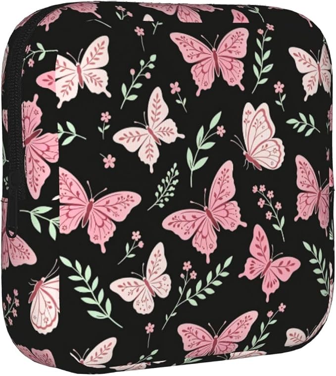 Butterfly Butterflies And Flowers Pink Period Bag For Women,Portable Sanitary Napkin Period Pad Pouch For Purse, Small Make Up Bags