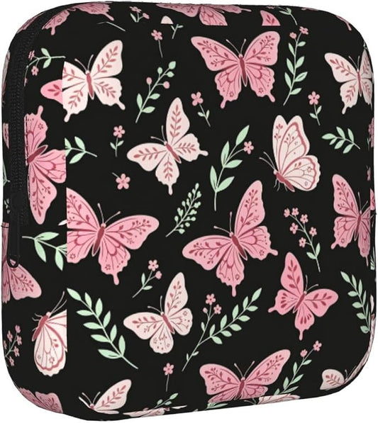 Butterfly Butterflies And Flowers Pink Period Bag For Women,Portable Sanitary Napkin Period Pad Pouch For Purse, Small Make Up Bags