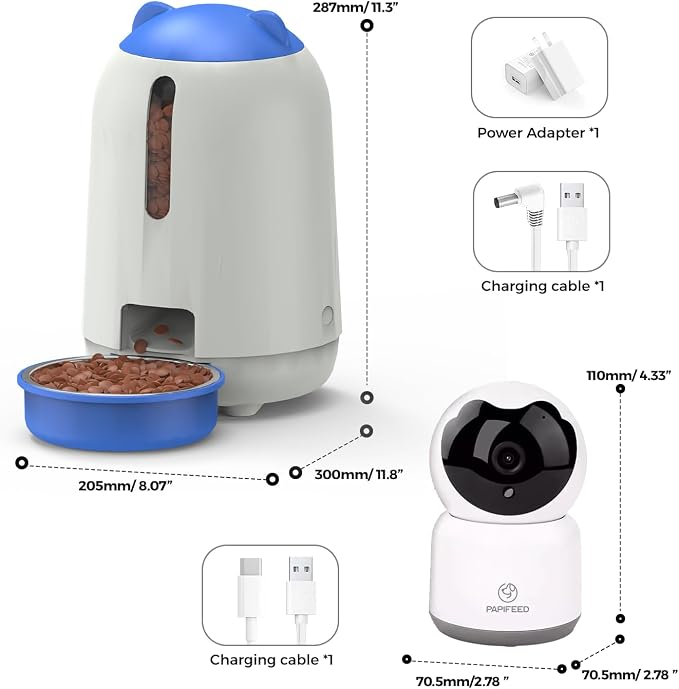 PAPIFEED 2-in-1 Automatic Cat Feeder and Pet Camera Combo, 1080P HD & 360°Pan-Tilt, 3L Cat Food Dispenser with App, 2.4G WiFi Timed Cat Feeder for Dry Food, Automatic Cat Feeder with Camera