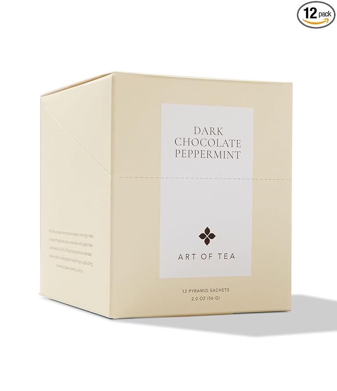 Art of Tea Dark Chocolate Peppermint 12 Count Tea Bags, Organic Pu-Erh Dessert Tea with Cocoa Nibs & Peppermint, Premium Pyramid Sachets for After Dinner Tea
