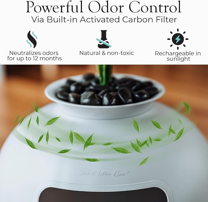 Secret Litter Box by Bundle & Bliss - Hidden Litter Box Enclosure, Patented Design with Odor Control, Includes Faux Plant, Carbon Filter and Real Stones (Soft Grey)