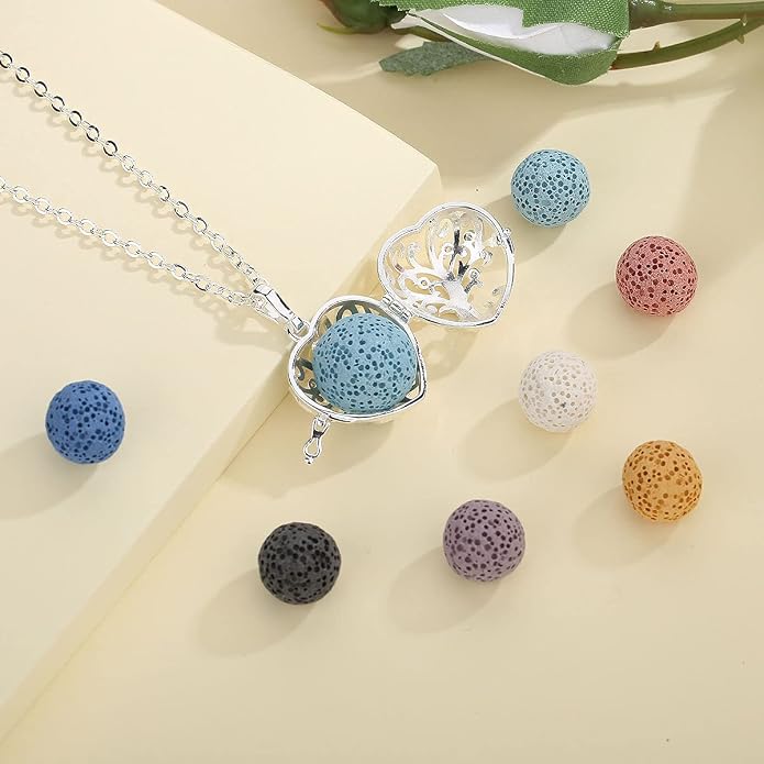 INFUSEU Tree of Life Pendant Aromatherapy Necklace for Women Essential Oil Diffuser Jewelry Healing Lava Rock Stone Heart Spiritual Gifts Items for Meditation Yoga Aroma Perfume
