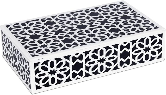 Handicrafts Home Small Decorative Storage Box with Lid, Black White Persian Tile Keepsake Box, Moorish Rosette Trinket Box for Jewelry, Desk Organizer & Coffee Table Decor, Shiraz 8 x 5 x 2
