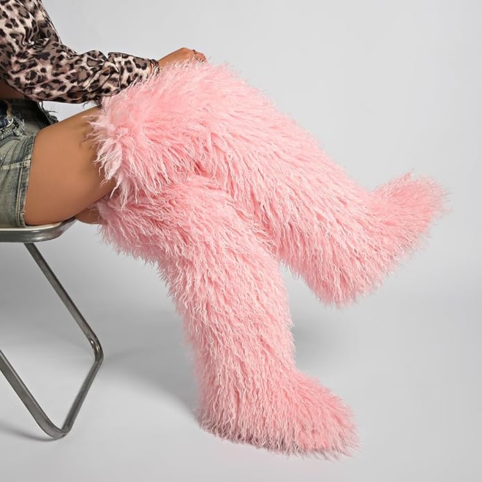 SWEETHEART BEAUTY Thigh High Shagy Teddy Fur Boots, 29 Inch Over the Knee Length Fluffy High Boots, Tall Furry Shoes For Women