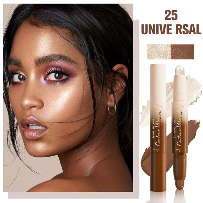 Nuetral Nude + Silver Shimmer Contour Stick Dual Ended Face Body Makeup Waterproof no Transfer, 2 in 1 Cream Concealer Stick Contouring Makeup Kit, Nose Contour Bronzer Sticks Face Highlighter Make up