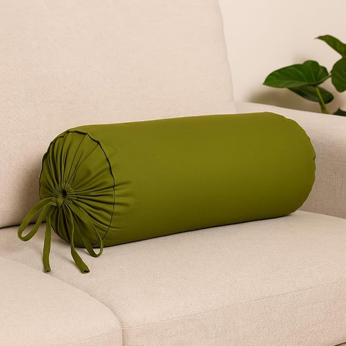 Cylindrical Pillow Bolster Cover Cervical Neck Roll Cotton Pillowcase with Drawstring Closure Neck Cushion Cover 6" x 18" (15 x 45 cm) Olive Green