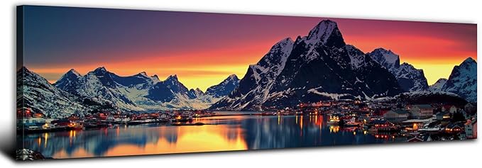 AREBOLO Sunset Mountain Canvas Wall Art Lake Landscape Pictures Nature Wall Decor Snowy Mountains Painting Sunrise Village Scenery Poster Prints Artwork for Living Room Office Home Decorations 14x48”