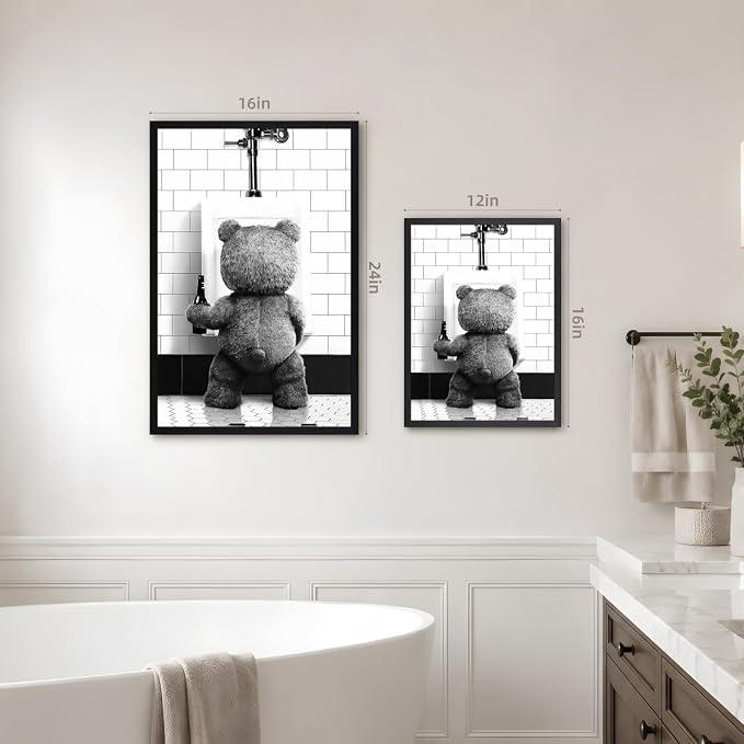 VziizV Funny Bear Bathroom Wall Art, Teddy Bear with Beer Canvas Print, Humorous Black and White Animal Decor, Farmhouse Restroom Artwork for Living Room Bathroom Bedroom Wood Framed 16x24 Inch