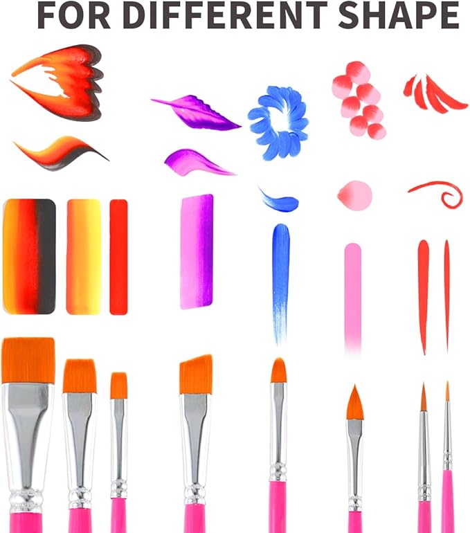 Bowitzki Pink Face Paint Brushes 8 pcs,Professional Artist Brush for Body face Painting,Acrylic Painting Watercolor Oil Gouache