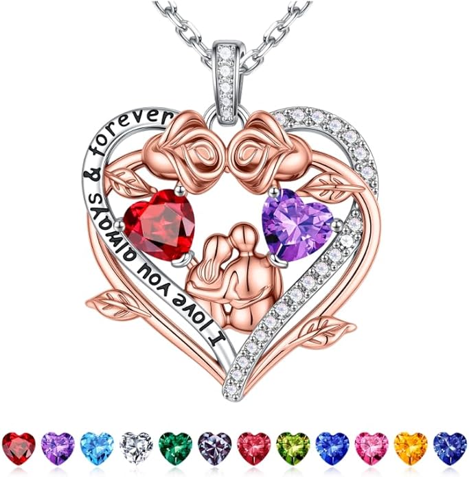 Iefil Valentines Gifts for Her Wife - 925 Sterling Silver Double Heart Birthstone Necklace, Anniversary Birthday Gifts for Women Wife Girlfriend