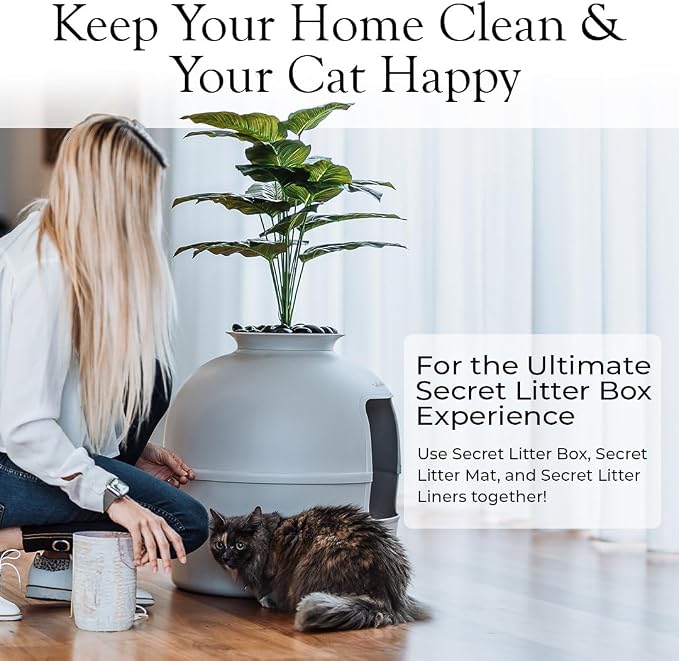 Secret Litter Box by Bundle & Bliss - Hidden Litter Box Enclosure, Patented Design with Odor Control, Includes Faux Plant, Carbon Filter and Real Stones (Soft Grey)