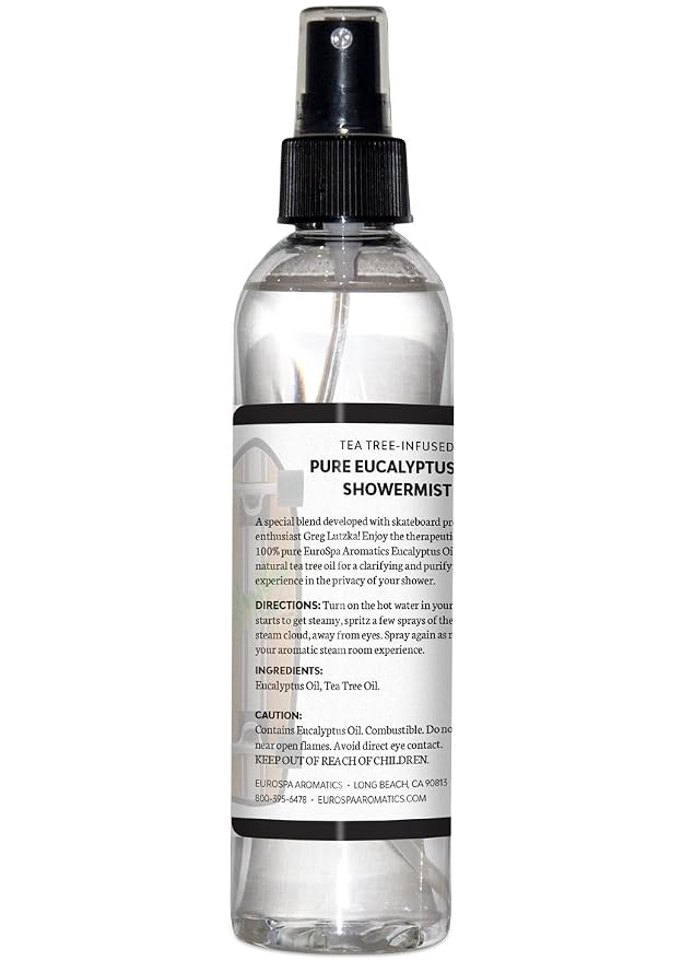 EuroSpa Aromatics Pure Eucalyptus Oil ShowerMist and Steam Room Spray, All-Natural Premium Aromatherapy Essential Oils - Tea Tree Infused, 8oz
