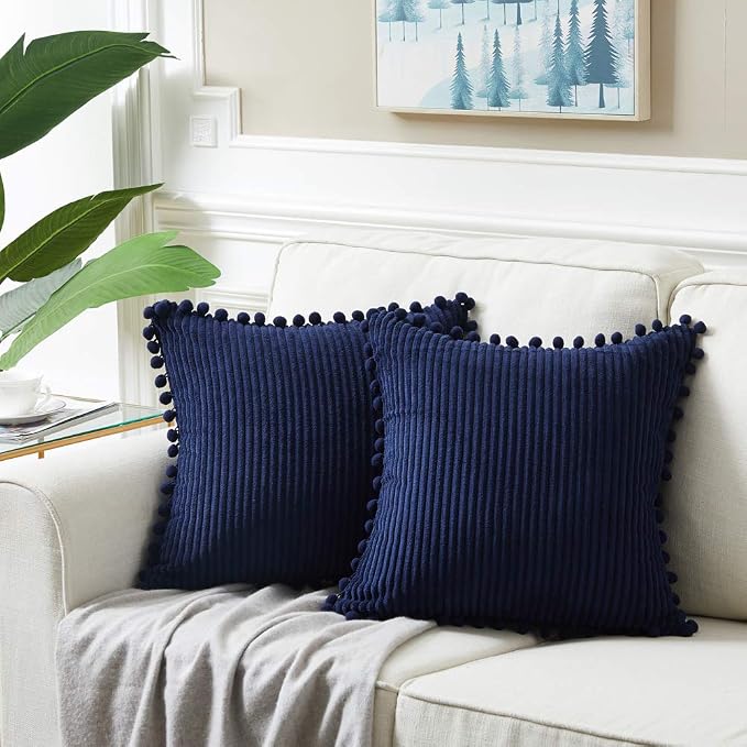 Fancy Homi Set of 2 Navy Blue Decorative Throw Pillow Covers 12x12 Inch with Pom-poms for Couch Bed Sofa, Modern Farmhouse Boho Home Decor, Soft Plush Corduroy Cute Cushion Case 30x30 cm