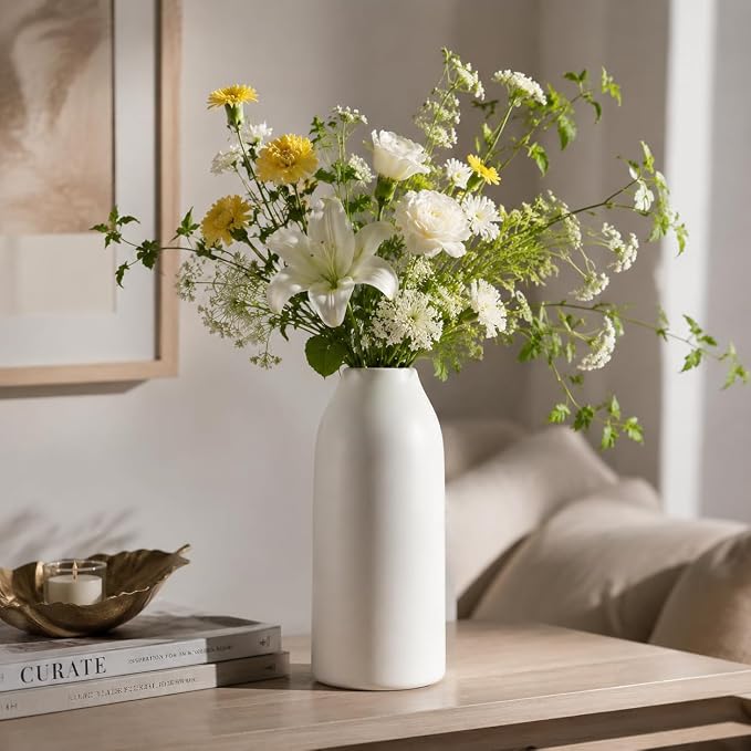 hjn 12 Inch White Ceramic Vase for Flowers, Matte Tall Modern Vase for Decor Minimalist Flower Vase for Home Decor Living Room Tabletop Centerpiece