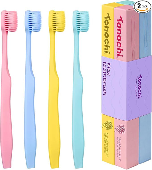 Tonochi Max Extra-Soft Toothbrush for Adults Sensitive Gums – Gentle Bristles, Wide Angled Head for Back Teeth, Ergonomic Non-Slip Grip, BPA-Free Handle, Individually Wrapped,4-Pack (Assorted)