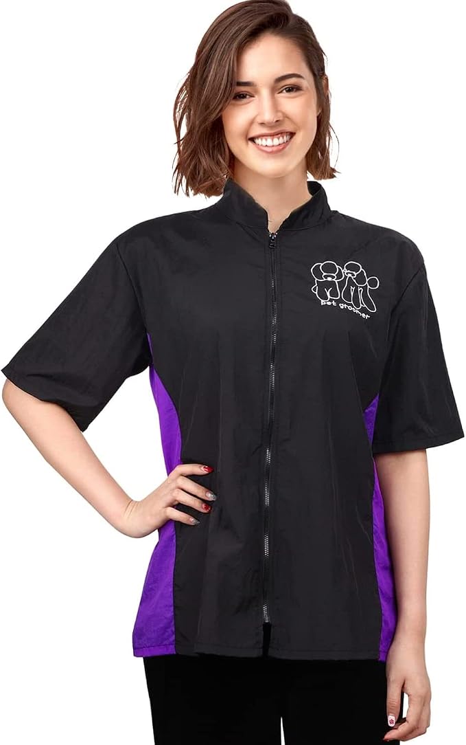 Noverlife Pet Grooming Workwear Dog Groomer Smock, Short Sleeve, M Size | Anti-Static & Splash Proof Pet Beautician Uniforms, Hair Repellent Smock & Trousers for Professional Dog Cat Grooming Salon