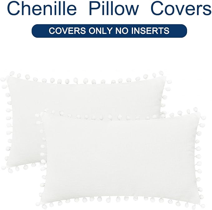 CaliTime Decorative Couch Throw Pillow Covers 12 X 12 Inches True White | Pack of 2, Cozy Chenille Cushion Cases, with Pom Poms for Sofa Bed Living Room Farmhouse Home
