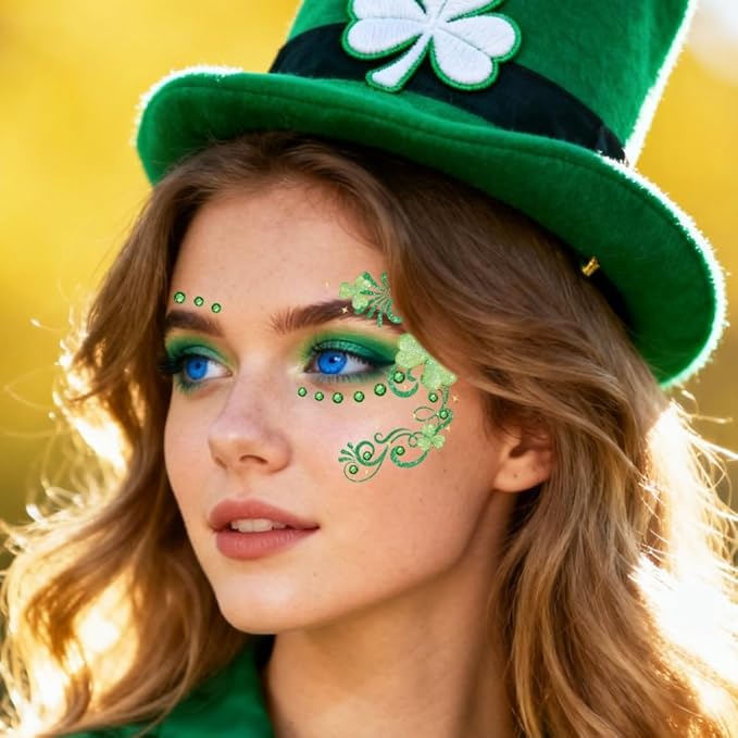 St Patricks Day Temporary Tattoos Green Leaf Blush Face Tattoos Lucky Clover Shamrock Fake Tattoos Cute Bow Star Freckles Face Tattoo Waterproof Makeup Stickers with Green Gems for Girls 12 Sheets