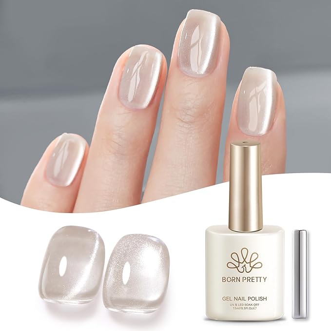 Born Pretty Nude Cat Magnetic Eye Gel Nail Polish 15ML,Jelly Glass Light Brown Crystal Glitter Shimmer Translucent Magnetic Gel Polish with Magnet,Soak Off U V Gels for Women Girl