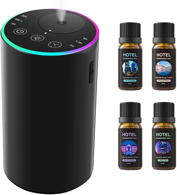 Waterless Diffuser Kit with 4 x 20mL Hotel Fragrance Oil,Aluminum Alloy | 7-color ambient light, battery powered Nebulizer, portable, suitable for cars, homes, offices, and rooms.