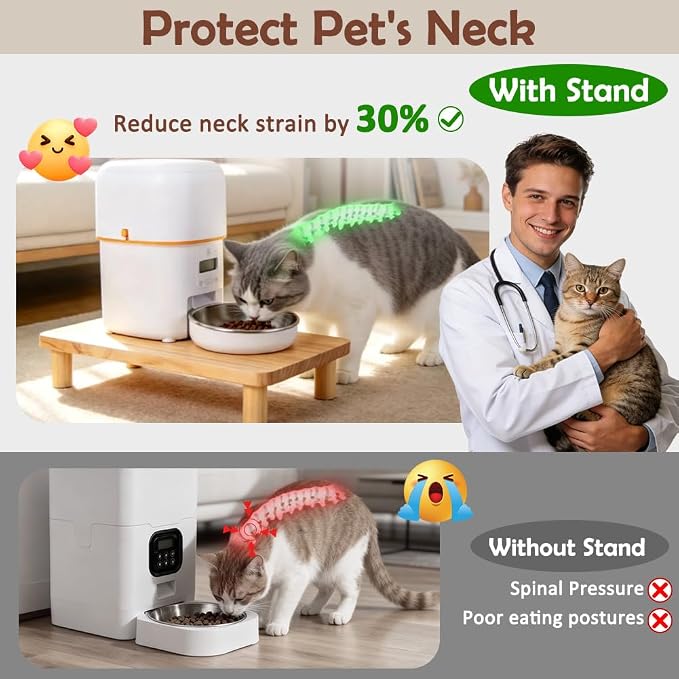SZEE Cat Food Stand, Elevated Cat Feeder Stand for Automatic Feeder & Bowls | Raises Feeder/Bowl by 3", Relieves Spine and Joints Noticeably on Pets ( Large & Solid Pine Wood)