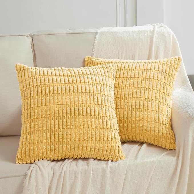 Fancy Homi Decorative Throw Pillow Covers for Bed Couch Bedroom Bench, Soft Corduroy Solid Pillow Case, Rustic Farmhouse Boho Room Decor,22" x 22" (Pack of 1),Yellow
