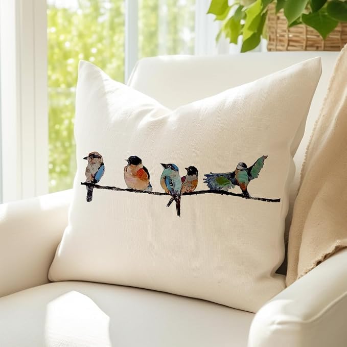 RABUSOFA 18x18 Outdoor Birds Pillow Decorative Throw Pillows,Small Throw Pillows for Couch,Hand-Painted Pillowcases Spring Summer Decorations Cushion Covers Cotton Linen for Sofa Teal Blue