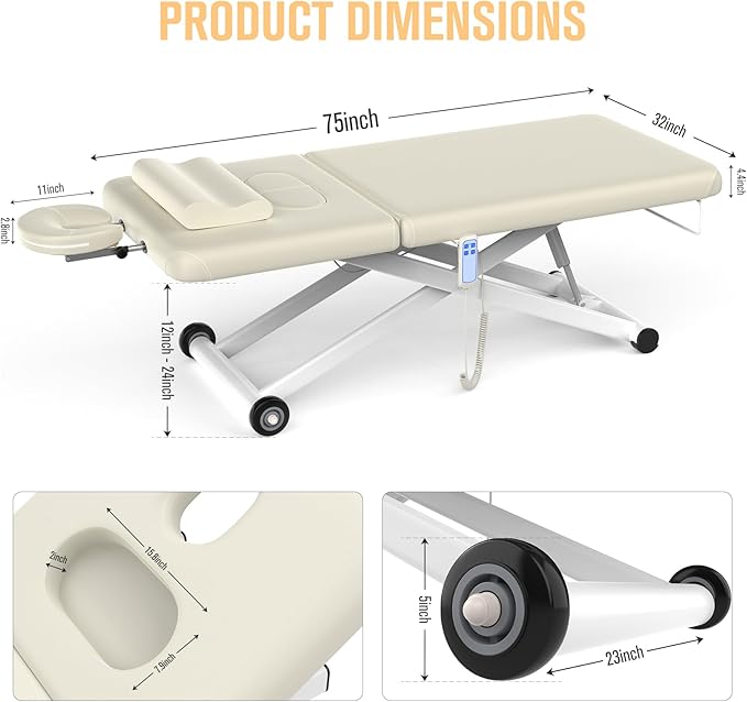 Heavy-Duty Electric Lift Massage Table with Electric Adjustable Backrest and Legs, Wide Physical Therapy Massage Bed with Wheels, Professional Spa Facial Bed, PU Leather, 32'' W × 75'' L