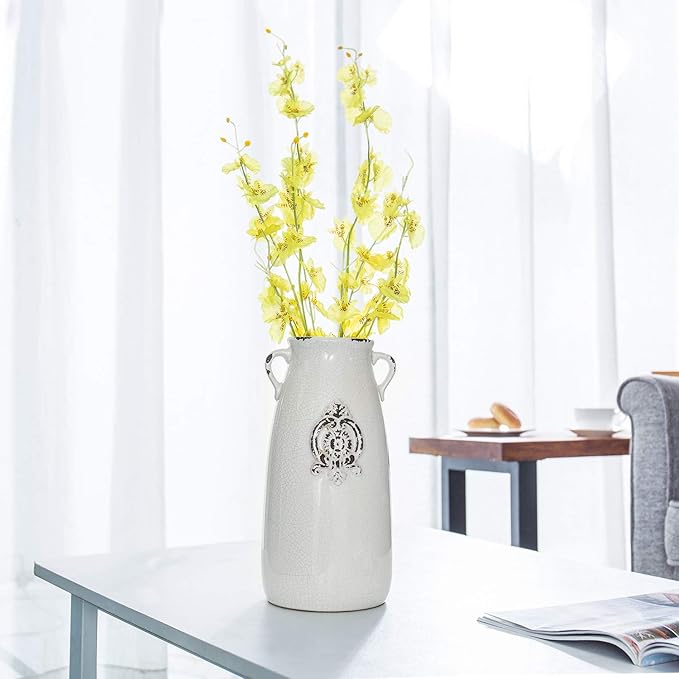 MyGift Farmhouse White Ceramic Vase with Handle and Embossed Seal Design, Antique Jug Shaped Tabletop Flower Vase | Embossed Seal Detail, Handle Design, Vintage Farmhouse Style, Floral Display, Rustic Home Accent, Decorative Centerpiece