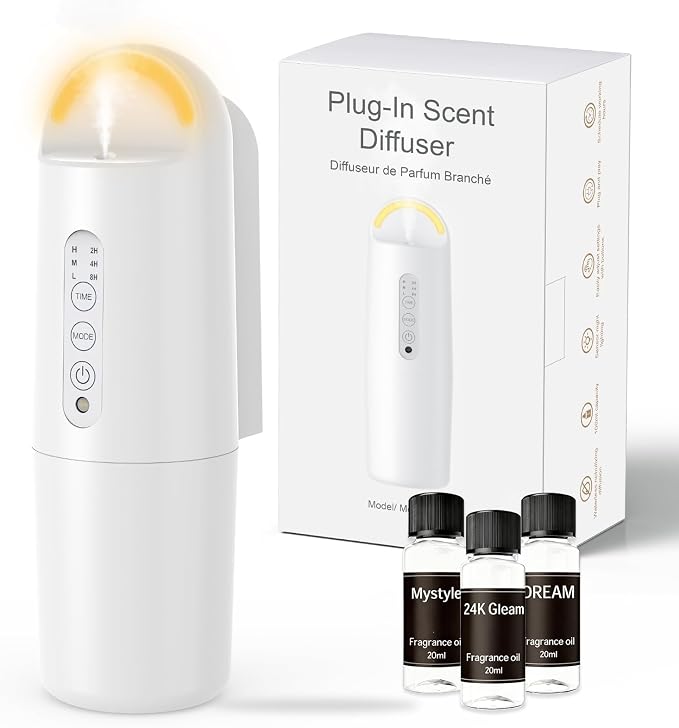 Plug in Waterless Essential Oil Diffuser, Elegant Waterless Scent Diffuser Starter Kit with 24H Smart Timer & Light Sensor, Cover Up to 500 Sq. Ft., Aromatherapy Diffusers for Home, Office, 100ML