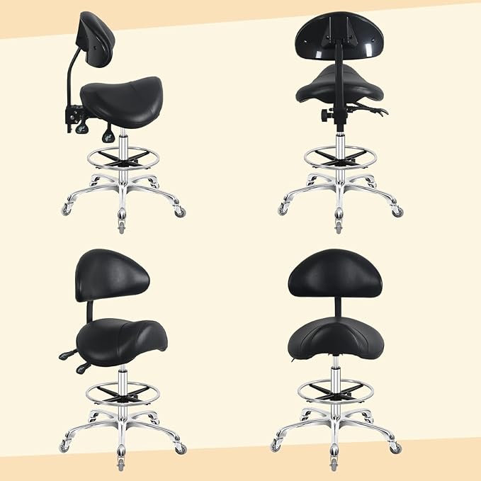 Saddle Stool Chair with Back Support Footrest, Heavy-Duty(350LBS), Hydraulic Rolling Swivel Adjustable Stool Chair for Salon Spa Beauty Massage Dental Clinic Home Office Use(Black)