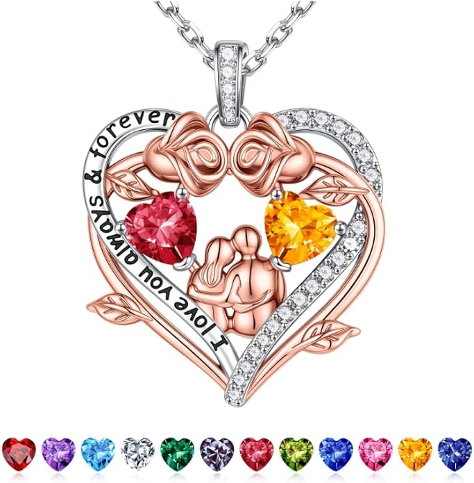Iefil Valentines Gifts for Her Wife - 925 Sterling Silver Double Heart Birthstone Necklace, Anniversary Birthday Gifts for Women Wife Girlfriend