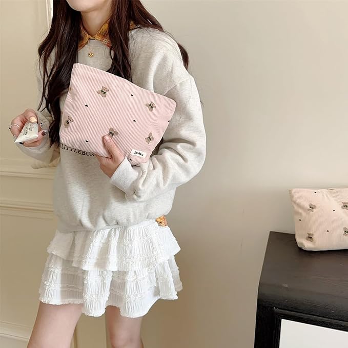 uekeboag 2Pcs Cute Small Soft Corduroy Zipper Makeup Bag for Purse, Coquette Aesthetic Pouch with Bear Pattern for Women Girls, Kawaii Travel Cosmetic Bags（Beige and Pink）