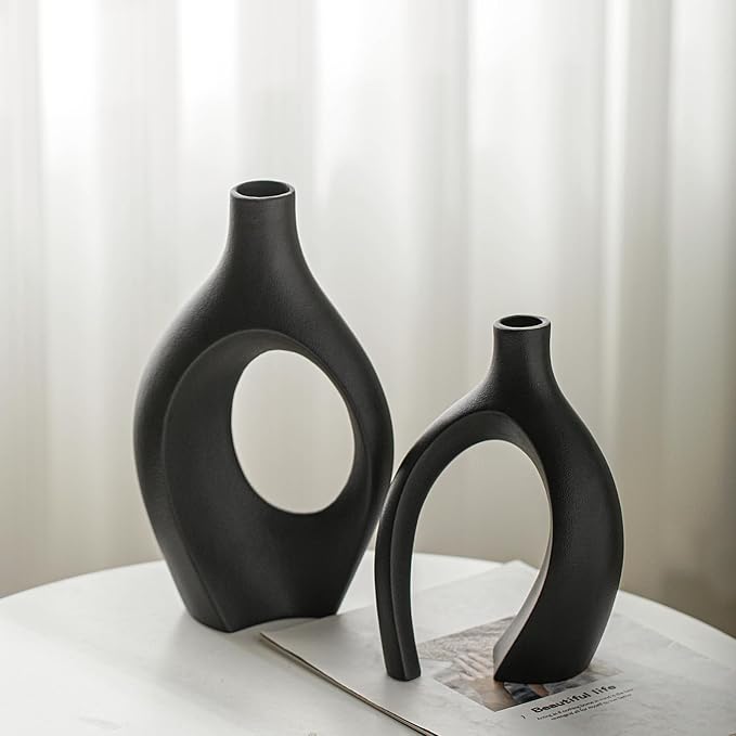 Lvases Snuggle Hollow Modern Ceramic Vase Set of 2, Nordic Aesthetic Vase | Mid Century Decorative Vases for Home Decor House Book Shelf Office Coffee Dining Fireplace ( Matte Black W 6.8" X H 11" )
