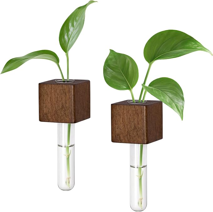 Magnetic Test Tube Flower Vases for Refrigerator, Set of 2 | 2-Pack wooden magnetic vases in a dark wood finish for fresh cuttings and plant propagation. Plant not included.