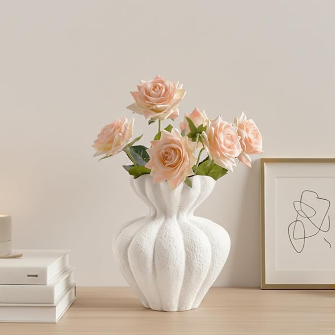 White Ceramic Vase, 6.8 Inch Modern Boho White Flower Vase for Home Decor, Unique Vase for Farmhouse Living Room Cabinet Table Centerpieces Wedding Decorations
