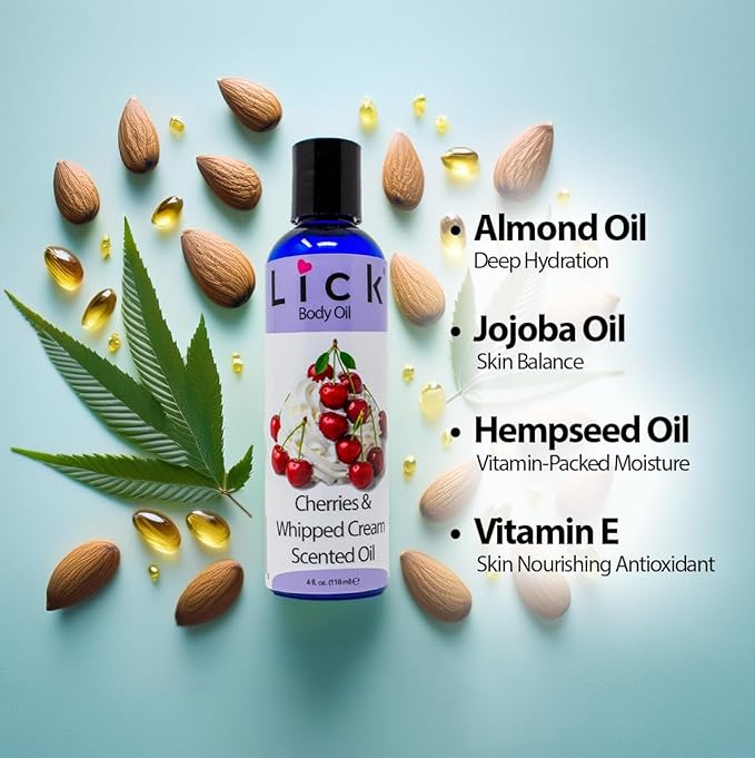 LICK Cherries & Whipped Cream Scented Body Oil – Non-Greasy Daily Hydration with Almond Oil & Vitamin E – 4 oz