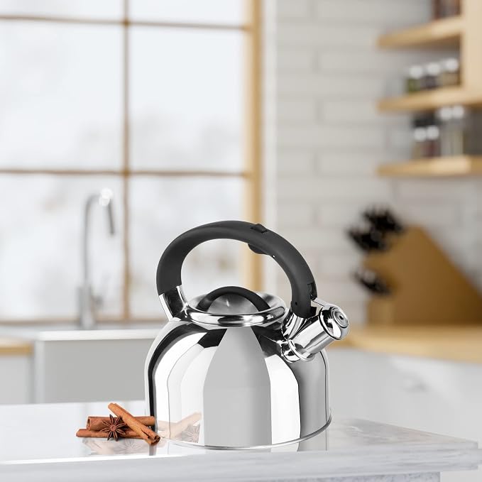 OGGI Tea Kettle for Stove Top - 64oz / 1.9lt, Stainless Steel with Loud Whistle, Ideal Hot Water Kettle and Water Boiler - Silver Mirror
