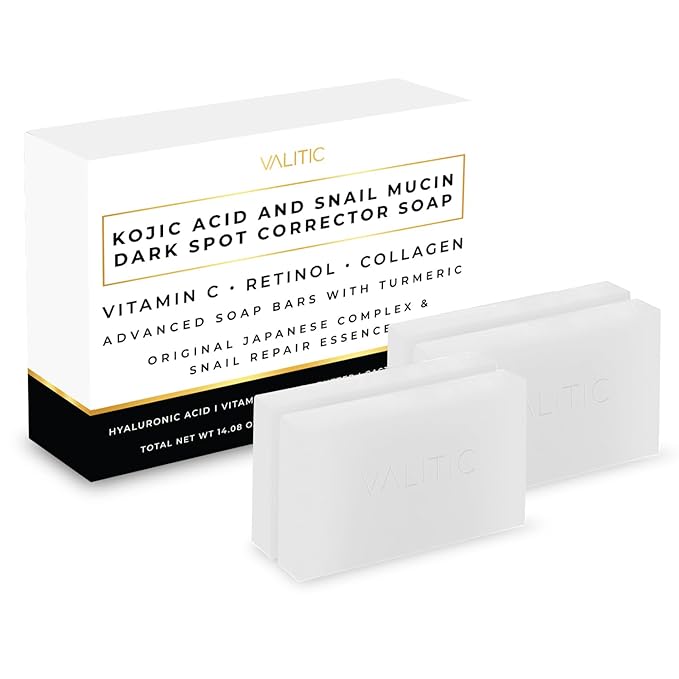 VALITIC Snail Mucin Cleanser Soap Bar with Turmeric and Kojic Acid Dark Spot Corrector – Anti Aging and Purifying Skin Care Snail Secretion for Intense Hydration and Moisturization – 4 Pack
