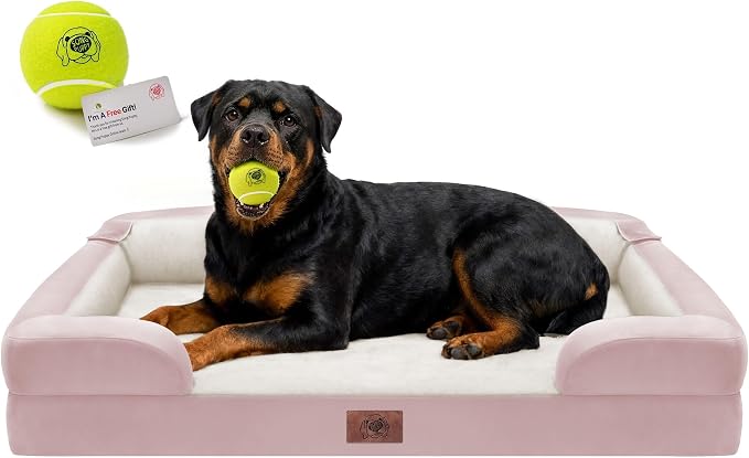 Waterproof Orthopedic Dog Bed for Extra Large Sized Dogs | Memory Foam Pet Bed Sofa with Bolster, Dog Couch with Washable Cover & Non-Slip Bottom, 45x35 Inch, Pink