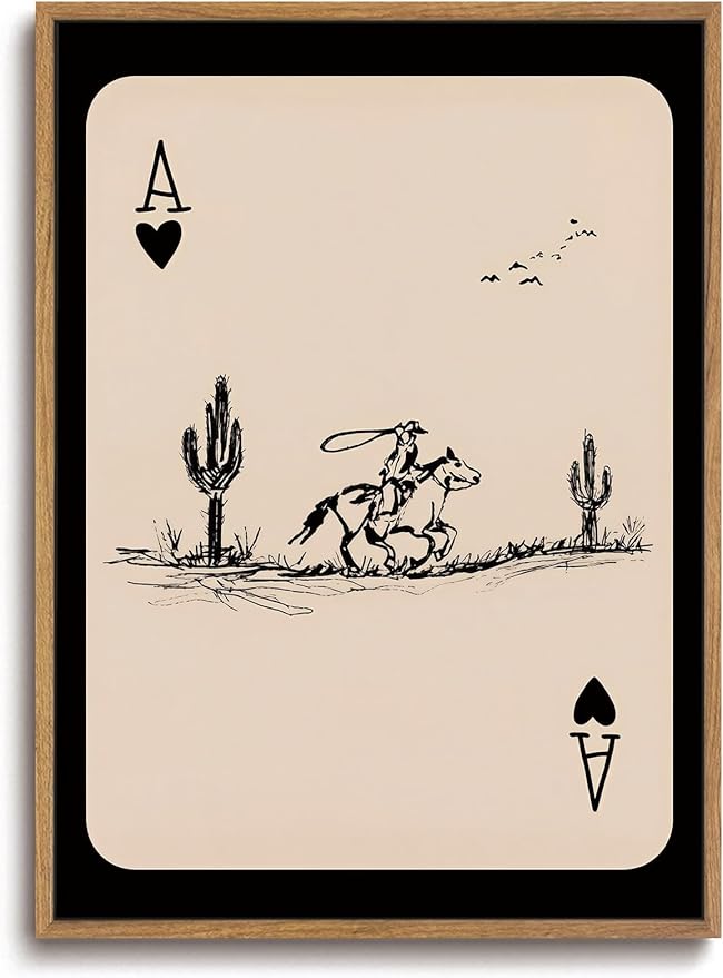 ZZLWBKGL Western Wall Decor Cowboy Poker Canvas Art Vintage Framed Wall Art | Cactus Artwork Mid Century Picture Southwest Farmhouse Paintings for Bedroom Living Room 12x16in