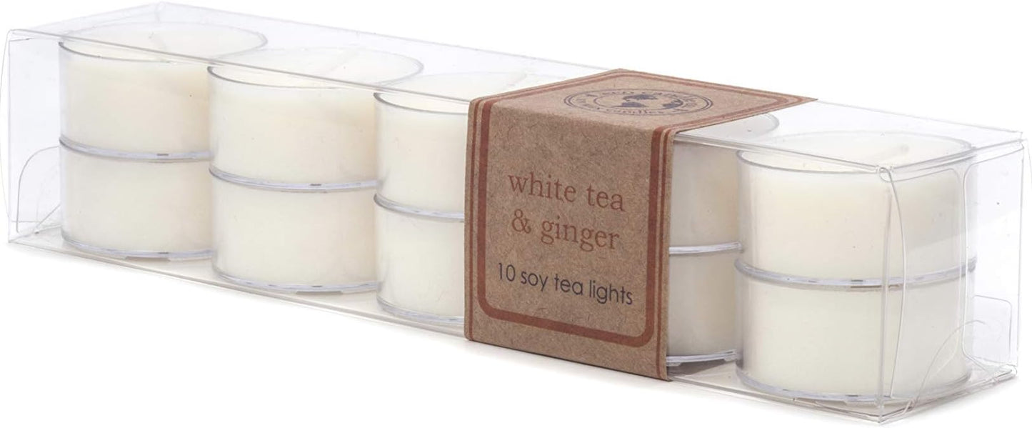 Eco Candle Co. White Tea & Ginger Tea Light Candles, 10-Pk, 9 Hr Burn Time | Scents of White Tea, Spices, Citrus, Jasmine, & Ginger - Recyclable, No Lead, Hand Poured, Midwest Soybeans, .6 oz. Each