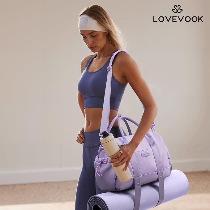 LOVEVOOK Small Gym Bag for Women with Yoga mat Holder, Mini Duffle Bag for Travel with Wet Pocket, Overnight Personal Item Bags (Purple, 14.5 inch-Small-2Pcs)