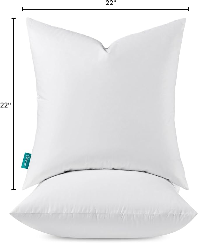 Oubonun Throw Pillow Inserts, 22x22, Set of 2 | Feather Down 100% Cotton Cover, Medium Firm Decorative ，for Couch, Sofa, Bed, Chair