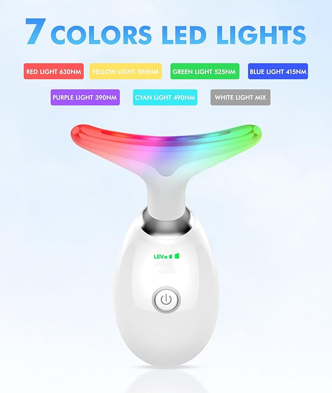 SDKWDH Red-Light-Therapy-for-Face-and-Neck, 7 Color Face Massager Tool for Wrinkles, Double Chin, Vibrating Facial Massager with Thermals for Skin Care, Glossy White