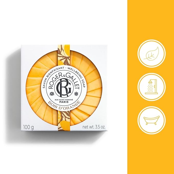 ROGER & GALLET Bois d'Orange Beneficial Soap Bar - All Natural Round Soap Bars for Men & Women - Enriched with Bitter Orange Essence - Luxurious Woody Patchouli Aroma - 100g