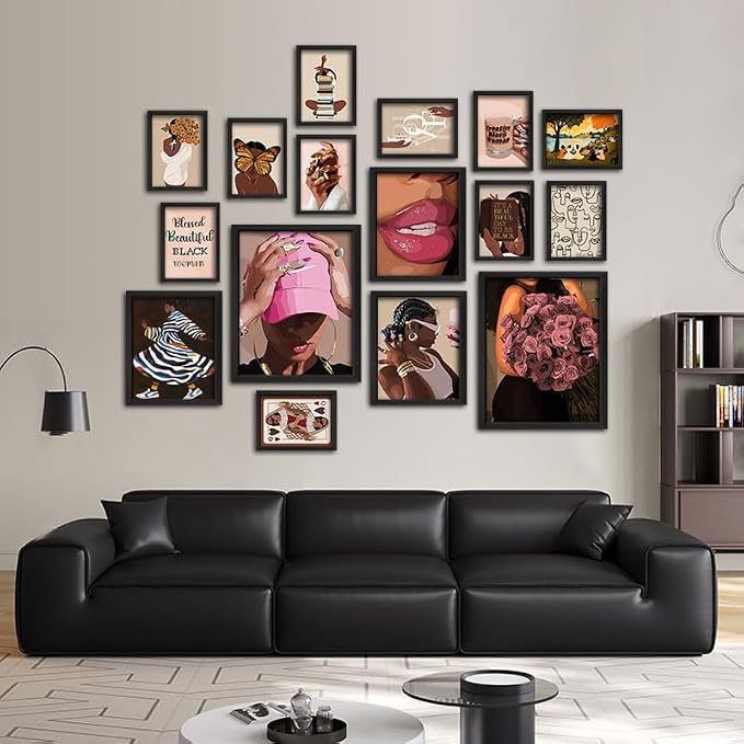 ANERZA 16 PCS Black Girl Wall Art Decor, African American Gallery Wall Prints for Bedroom, Black Woman Posters for Living Room Aesthetic, Black People Collage Kit Pictures, Pink and Black Dorm Home Decor