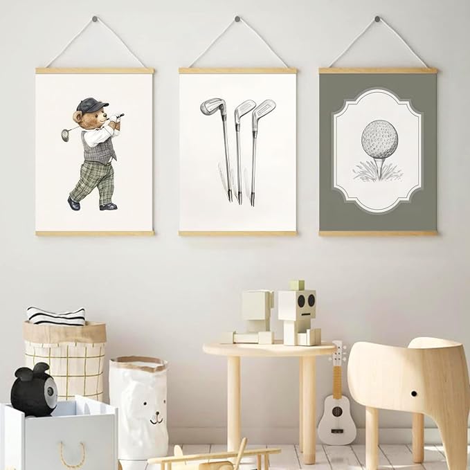 Mynotix Golf Nursery Canvas Poster Set of 6, Vintage Baby Boy Golf Sport Wall Art Teddy Bear Sage Green Kids Wall Decor Print for Living Room Bedroom Children's Room Unframed 12x16 inch